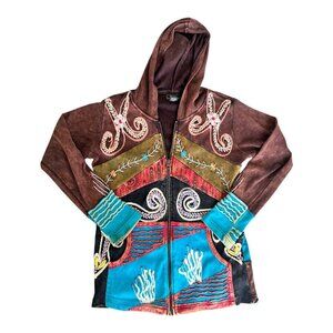 Vintage Rising International Boho Hoodie Jacket Embroidered Patchwork S Y2K 90s